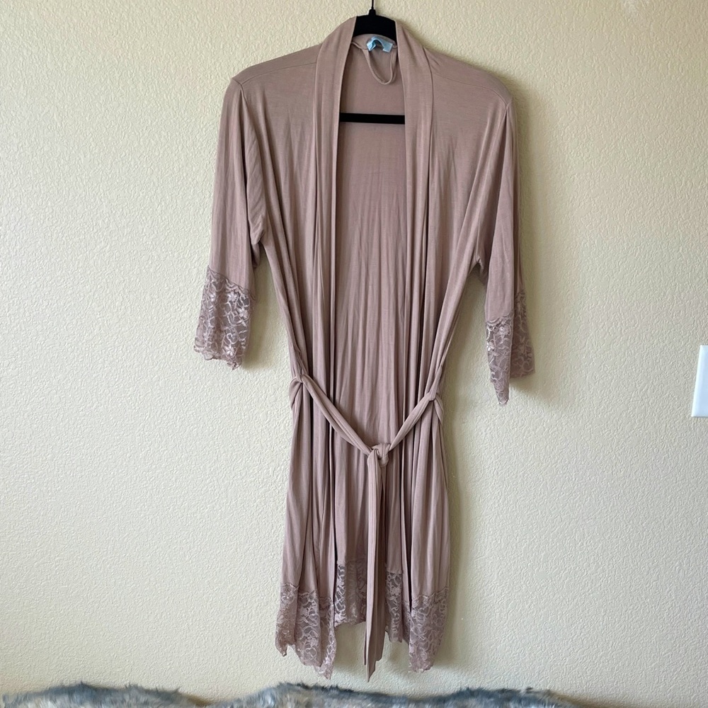 Turquaz Bamboo Lightweight Bathrobe L Beige Lace Trim Belted Minimalist Neutral